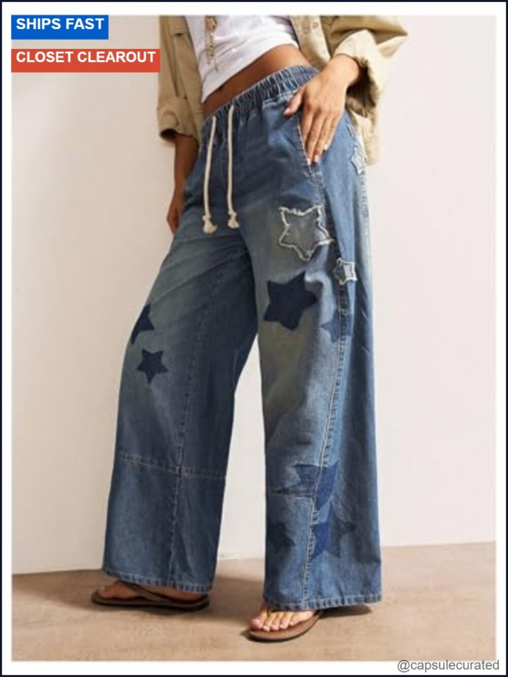 SOLY HUX Women's Y2k Baggy Jeans Star Graphic Denim Pants Drawstring Wide Leg - Picture 2 of 4